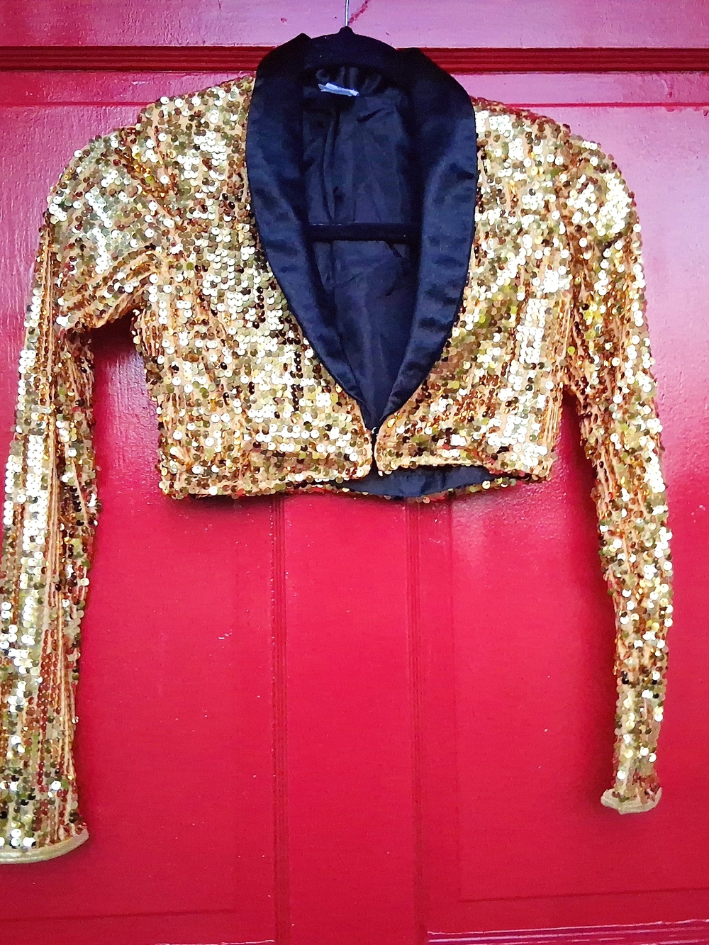 Balera Gold Sequin Cropped Blazer with Black Satin Lapel Collar